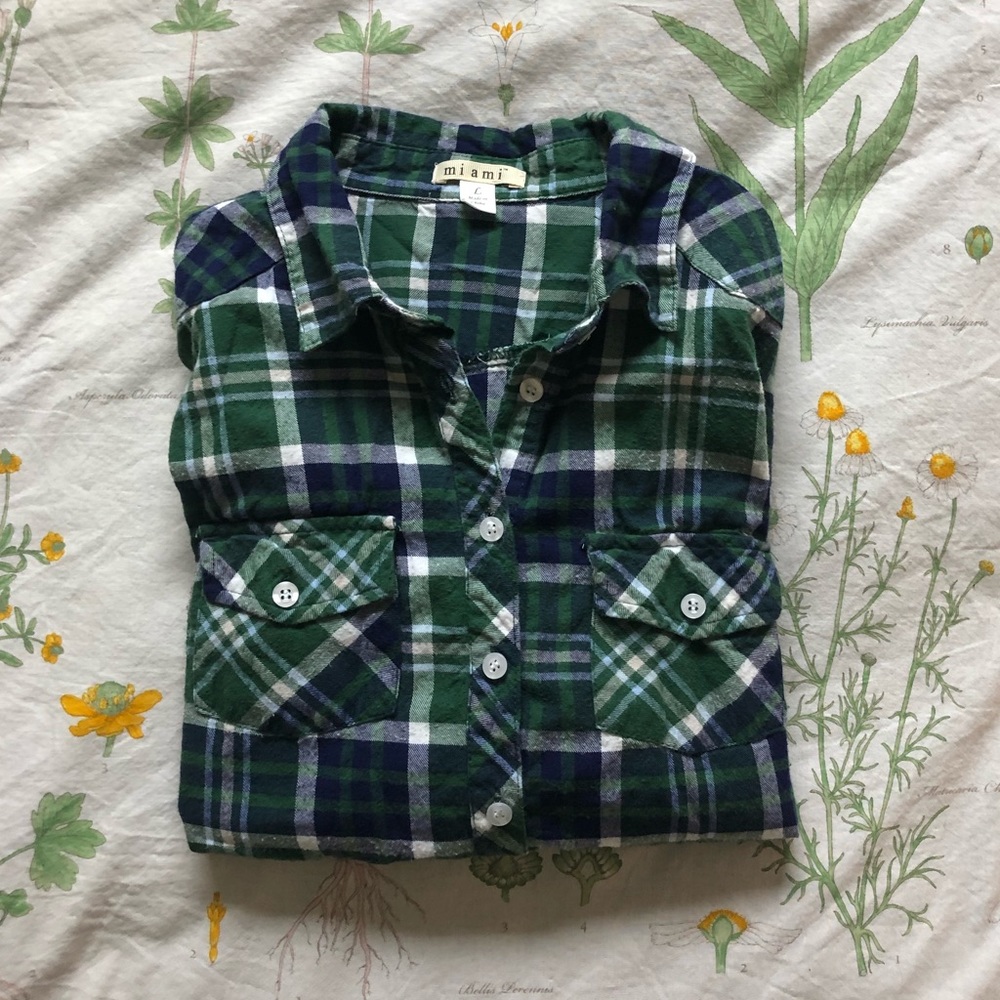 Navy and Green Button Down Flannel Shirt